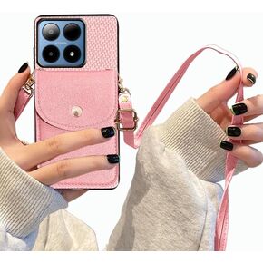 Back Wallet Phone Case for Motorola Moto G Stylus 2025 5G with Detachable Lanyard, Crossbody Lanyard Strap & Wrist Strip Cover | ID Card/Cash Holder Slots Stylish Cover for Girls Women (Pink)