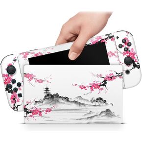 Zoomhitskins متوافق مع Switch Skin Anime تغطية اليابانية المعبد الآسيوي Cherry Blossom Nature Pink Samurai 3M Vinyl Scener Wrapt ، مصنوع في الولايات المتحدة الأمريكية