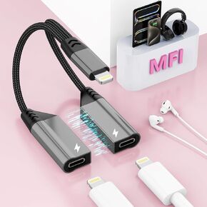 Magnetic 2-in-1 iPhone to Dual Lightning Audio Jack Headphone and Charger Cable Splitter,Earphone Converter Adapter Support Music+Charge+HiFi+Mic for iPhone 14 Pro/14 13 12,iPad 【Apple MFi Certified】
