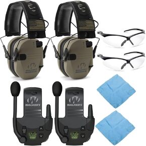 Walker's Razor Slim Electronic Shooting Muffs (FDE Patriot, 2-Pack) Bundle with Walkie Talkies, Shooting Glasses, and Cleaning Cloths (8 Items)
