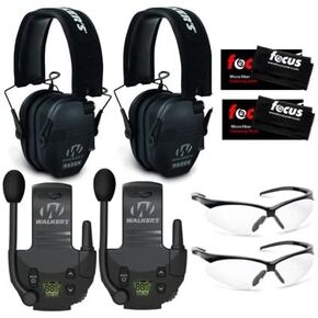 Walkers Razor Slim Electronic Muff (Black, 2-Pack) Bundle with Tactical/Hunting Walkie Talkie (2-Pack), Sport Shooting Glasses (Clear, 2-Pack) and Microfiber Cleaning Cloth (2-Pack) (8 Items)