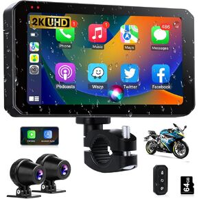 Motorcycle Carplay w 2K Dash Cam Waterproof Apple Carplay & Android Auto Screen 5.5" Wireless Moto Car Play Screen with GPS Navigation/Dual BT/Siri, Google Voice Control, Remote Control, 64G Card