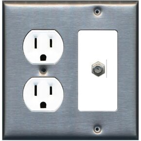 RiteAV (2 Gang Decorative) 15 Amp Round Power Outlet Coax Cable TV Wall Plate - White