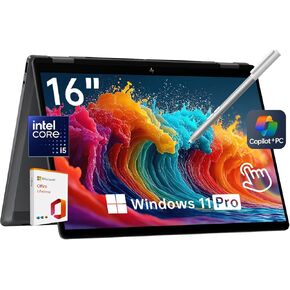 HP OmniBook X Flip 2-in-1 16" 2K Touchscreen Laptop, Intel Core Ultra 5, 16GB RAM, 2TB SSD, AI Copilot, Office Lifetime, Bundle with Surface Pen, for Creators & Professionals, Windows 11 Pro
