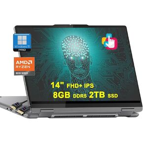 Lenovo Yoga 7 2-in-1 AI PC Laptop | 14" FHD+ IPS Touch | AMD Zen 4 6-core Ryzen 5 8640HS (>i7-1255u) | 8GB DDR5 512GB SSD | Backlit Fingerprint FHD IR Privacy Camera Win11Pro w/DLCA Accessory