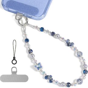 ABITKU Phone Charm, Pearl Crystal Beaded Wrist Strap for Women, Hands-free, Drop-proof and Anti-theft, Detachable, with Tether Tab & Black Lanyard Strap