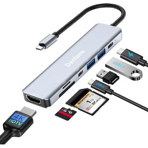 محول USB C Hub Multiport ، 7 في 1 USBC Dongle مع 4K HDMI ، USB 3.0 ، محطة إرساء USB-C لـ MAC ، MacBook Air/Pro مع قارئ بطاقة SD وشحنه ، محور USB للكمبيوتر المحمول C من النوع C.