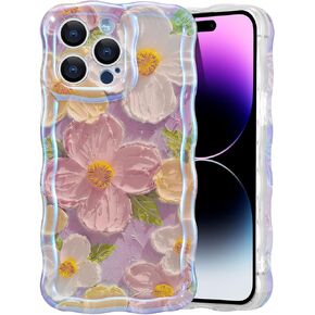 علبة Eyzutak لـ iPhone 16 Pro Max ، لوحة زيتية رجعية ملونة ، زهرة ، نمط لامع ، لطيف ، حافة موجة مجعد ، غلاف الهاتف الرائع ، حالة واقية من TPU ،