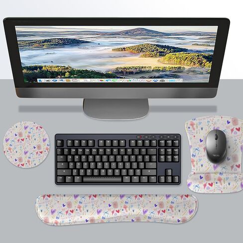 AUPET Mouse Pad Keyboard Wrist Rest Set,Ergonomic Memory Foam Mouse Pads Wrist Support Set,Non-Slip Base, Smooth Surface, Pain Relief for Gaming,Office (Pressed Flower Art) in Kuwait