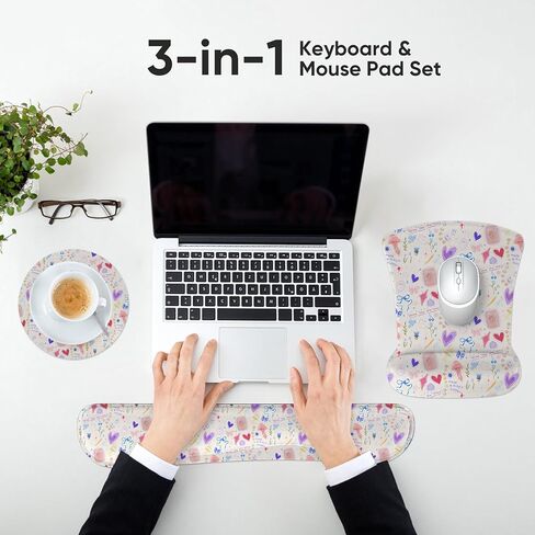 AUPET Mouse Pad Keyboard Wrist Rest Set,Ergonomic Memory Foam Mouse Pads Wrist Support Set,Non-Slip Base, Smooth Surface, Pain Relief for Gaming,Office (Pressed Flower Art) in Kuwait