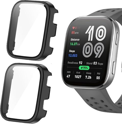 متوافق مع Amazfit Bip 6 Case ، حالة الكمبيوتر الصلب Lamshaw مع واقي شاشة زجاجي مقسى متوافق مع Amazfit Bip 6 Smart Watch 46mm (2 Pack-Black+Black) in Saudi Arabia