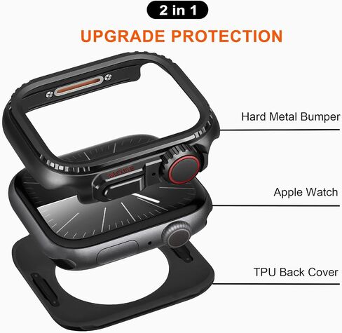 Metal Cases Compatible with Apple Watch Series 9/8/7 45mm Case, 2 in 1 Stainless Steel Protective Cover Rugged Bumper with Back Frame for iWatch 9/8/7 45mm, Black in Kuwait