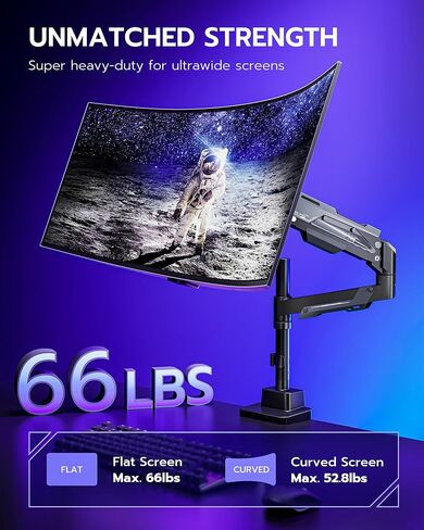 ARES WING Single Monitor Mount, Ultrawide Monitor Arm for 24 to 57 Inch Heavy Duty Curved Screen, Adjustable Gas Spring Monitors Arm Stand up to 66LBS with 75/100/200 Vesa Mount, Black in Saudi Arabia