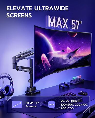 ARES WING Single Monitor Mount, Ultrawide Monitor Arm for 24 to 57 Inch Heavy Duty Curved Screen, Adjustable Gas Spring Monitors Arm Stand up to 66LBS with 75/100/200 Vesa Mount, Black in Saudi Arabia