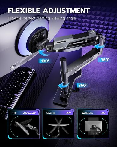 ARES WING Single Monitor Mount, Ultrawide Monitor Arm for 24 to 57 Inch Heavy Duty Curved Screen, Adjustable Gas Spring Monitors Arm Stand up to 66LBS with 75/100/200 Vesa Mount, Black in Saudi Arabia