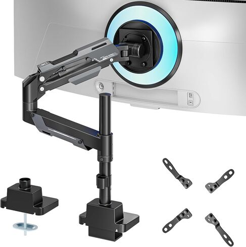 ARES WING Single Monitor Mount, Ultrawide Monitor Arm for 24 to 57 Inch Heavy Duty Curved Screen, Adjustable Gas Spring Monitors Arm Stand up to 66LBS with 75/100/200 Vesa Mount, Black in Saudi Arabia