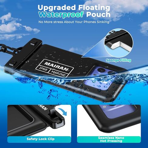 Mairan Floating Pouchproof Phone Pouch 2Pack ، IPX8 Floatable IPX8 مقاوم للماء Case 8.0 "لـ iPhone 16 15 Pro Max Samsung S25 ، أكياس جافة للهاتف المحمول لقضاء العطلات على شاطئ البحر كاياك كروز سفر سفر in Kuwait
