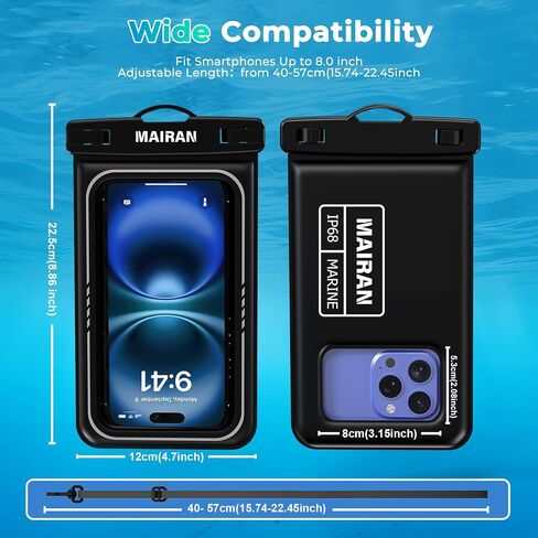 Mairan Floating Pouchproof Phone Pouch 2Pack ، IPX8 Floatable IPX8 مقاوم للماء Case 8.0 "لـ iPhone 16 15 Pro Max Samsung S25 ، أكياس جافة للهاتف المحمول لقضاء العطلات على شاطئ البحر كاياك كروز سفر سفر in Kuwait