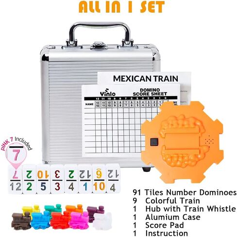 Yinlo Mexican Train Dominoes Set with Sound Effects, Mexican Train Dominoes Game for Travel, 91 Tiles Double12 Colored Dominoes Game Set with Aluminum Case in Kuwait