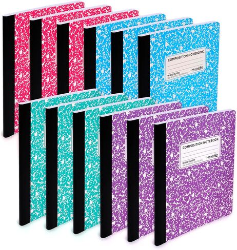 Wide Ruled Composition Notebook, Wide Ruled Notebooks Wide Ruled Composition NoteBook Paper, Lined Note book - 9-3/4" x 7-1/2" - Durable Marble Covers - 100 Sheets/200 Pages - Assorted Colors (12 Pack) in Saudi Arabia