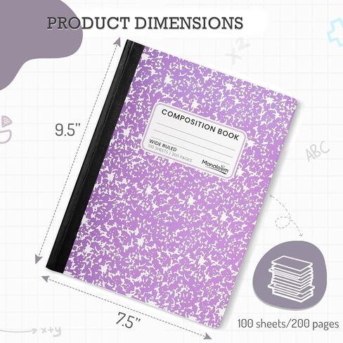 Wide Ruled Composition Notebook, Wide Ruled Notebooks Wide Ruled Composition NoteBook Paper, Lined Note book - 9-3/4" x 7-1/2" - Durable Marble Covers - 100 Sheets/200 Pages - Assorted Colors (12 Pack) in Saudi Arabia