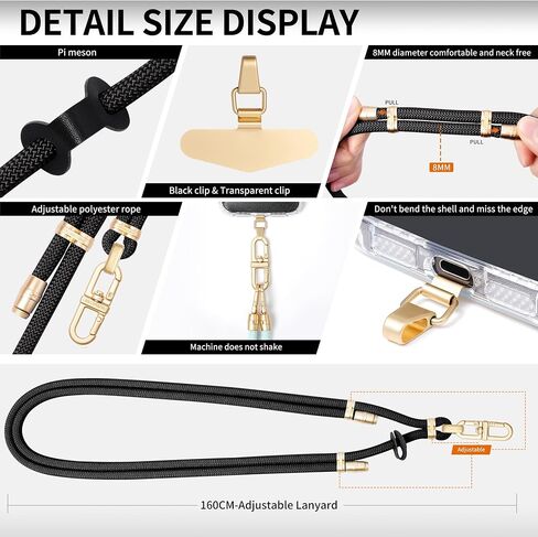 Adjustable Anti-Theft Phone Lanyard -Rope Neck & Crossbody Strap with Secure Locking Metal Clip for Smartphones (Black) in Saudi Arabia