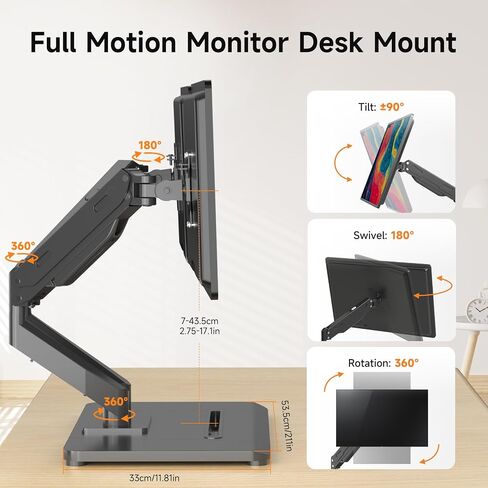 Pholiten Adjustable Dual Monitor Arms with Gas Spring for 17-32 inch Screens,Pneumatic Dual VESA Monitor Mount with Base,Freestanding Full Motion Dual Monitor Desk Stand Holds up to 22 lbs Each. ﻿ in Saudi Arabia