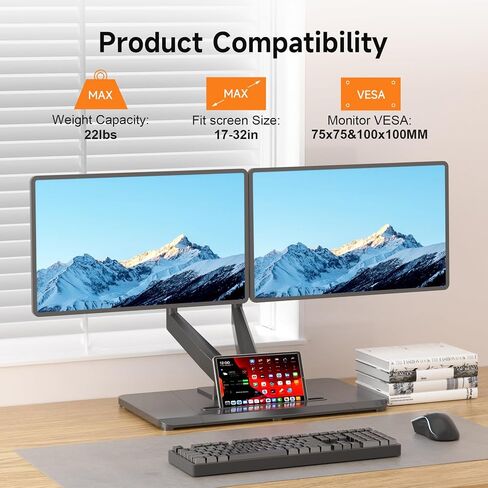 Pholiten Adjustable Dual Monitor Arms with Gas Spring for 17-32 inch Screens,Pneumatic Dual VESA Monitor Mount with Base,Freestanding Full Motion Dual Monitor Desk Stand Holds up to 22 lbs Each. ﻿ in Saudi Arabia