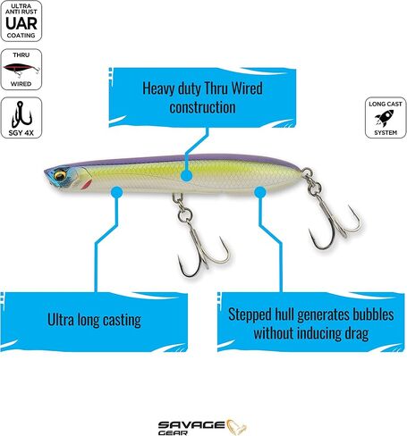 Savage Gear Panic Pencil Popper Fishing Bait, 1 3/4 oz, White Glow, Realistic Contours, Colors & Movement, Stepped Hull Construction, Thru-Wired Design, Triple Split Rings & 4X Hooks, Long Casting in Kuwait