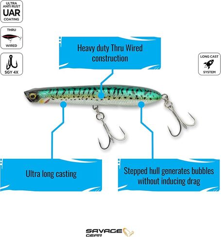 Savage Gear Panic Pencil Popper Fishing Bait, 1 3/4 oz, White Glow, Realistic Contours, Colors & Movement, Stepped Hull Construction, Thru-Wired Design, Triple Split Rings & 4X Hooks, Long Casting in Kuwait