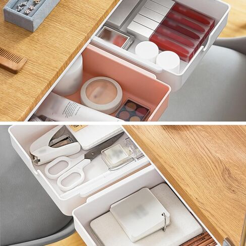 درج تحت المكتب، عبوتان قابلتان للتخزين تحت المكتب، درج ذاتي اللصق، تخزين منزلق تحت الطاولة، منظم تحت المكتب، منظمة المكتب المنزلي، تخزين مخفي باللون الأبيض in Kuwait