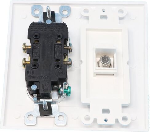 RiteAV (2 Gang Decorative) 15 Amp Round Power Outlet Coax Cable TV Wall Plate - White in Saudi Arabia