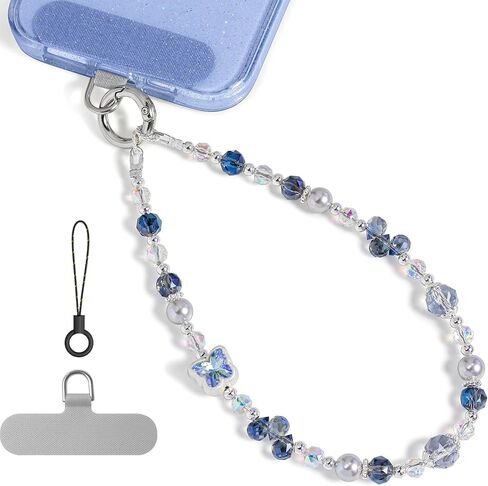 ABITKU Phone Charm, Pearl Crystal Beaded Wrist Strap for Women, Hands-free, Drop-proof and Anti-theft, Detachable, with Tether Tab & Black Lanyard Strap in Saudi Arabia