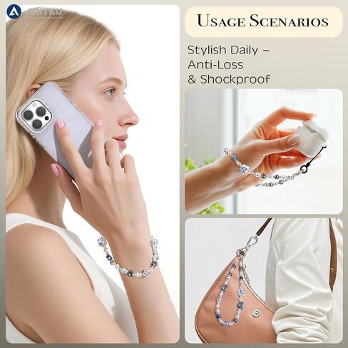 ABITKU Phone Charm, Pearl Crystal Beaded Wrist Strap for Women, Hands-free, Drop-proof and Anti-theft, Detachable, with Tether Tab & Black Lanyard Strap in Saudi Arabia