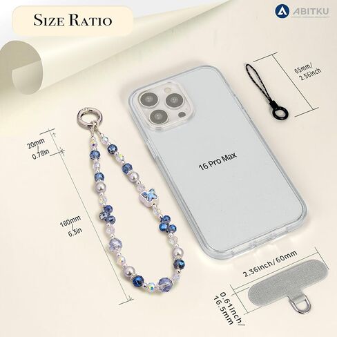 ABITKU Phone Charm, Pearl Crystal Beaded Wrist Strap for Women, Hands-free, Drop-proof and Anti-theft, Detachable, with Tether Tab & Black Lanyard Strap in Saudi Arabia