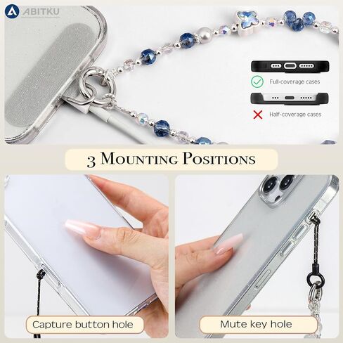 ABITKU Phone Charm, Pearl Crystal Beaded Wrist Strap for Women, Hands-free, Drop-proof and Anti-theft, Detachable, with Tether Tab & Black Lanyard Strap in Saudi Arabia