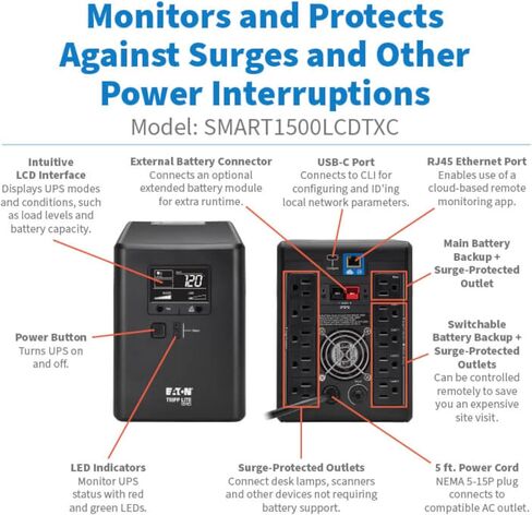 Eaton Tripp Lite Series Cloud-Connected 1500VA UPS Battery Backup & Surge Protector, Remote Management & Monitoring, 1000W, 10 Outlets, LCD Screen, Computer UPS, 3-Year Warranty (SMART1500LCDTXC) in Kuwait