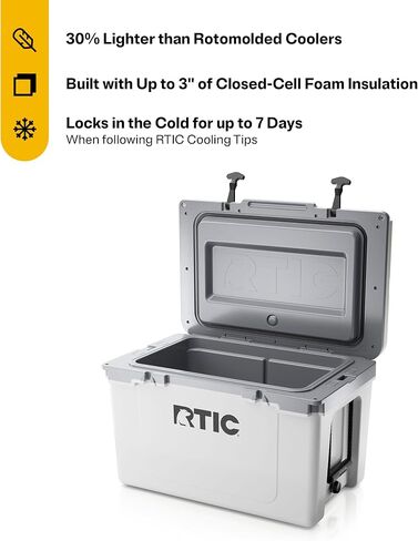 RTC Ultra Light 52 QUART HARD BOADER BOADINGER TECK THE BOX للشاطئ ، والشراب ، والمشروبات ، والتخييم ، والنزهة ، وصيد الأسماك ، والقوارب ، والشواء ، أخف 30 ٪ من المبردات الروتومولد in Kuwait