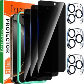 IMBZBK Privacy Screen Protector for iPhone 16 Pro Max Tempered Glass Accessories with Camera Lens Protector, Anti Spy Case Friendly [3+3 Pack]