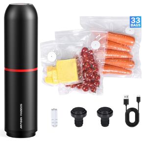 AIRMSEN Compact Vacuum Sealer for Food with 33 PCS Reusable Bags and 2 PCS Vacuum Wine Sealer for Food Preservation & Fresh, Kitchen Leftover Preservation, Meal Prep and Sous Vide Cook