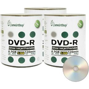 Smart Buy 300 Pack DVD-R 4.7gb 16x Silver Printable Inkjet Blank Record Disc, 300 Disc 300pk