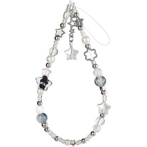 Silver Star Phone Chain Pearl Beaded Phones Charm Cute Cellphone Lanyard Wrist Strap for Key Cellphone Wristlet Phone Case Charms Beaded Keychain Wristlet Bag Charm for Handbag Keychain Accessories