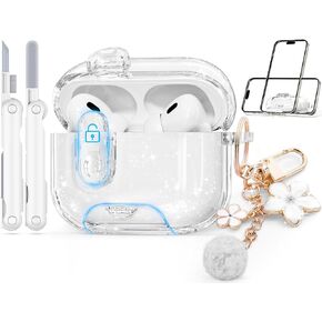 with Safety Lock Compatible with Airpods Pro 2 Case Cover,Clear Cases with Phone Stand & Cleaning Kit,Soft TPU Cover for AirPods Pro 2nd 1st Generation Case,Cute Bling Keychain for Women Girls-Pink