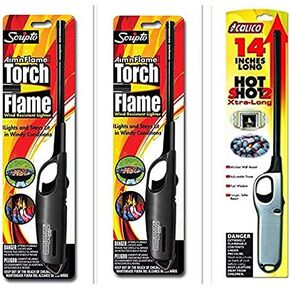 3 Pack Combo - 2 Pack Scripto Multi Purpose Wind Resistant Lighter (Assorted Color) + 1 Pack Calico Hot Shot 2 Xtra Long for Camping Grilling Home, Adjustable Flame