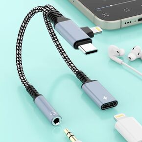 2-in-2 Lightning & USB C to 3.5mm Aux Audio Jack Headphone+Type-C Charge Cable Splitter，Earphone Converter Adapter for Music+Charge+HiFi for iPhone14 13 12,iPad,Samsung【Apple MFi Certified】-Black