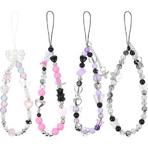 4PCS Phone Charm Wrist Strap Pearl Bracelet Wrist Strap Anti Lost Lanyard Cute Chain Cell Phone Charm Keychain Decoration for Women Bag Purse Backpack Wallet（purple, Pink, Black）