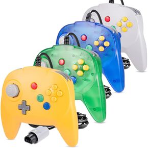 MODESLAB 4 Pack N64 Controller, Upgrade Wired Gamepad Joystick Replacment Controllers Compatible with N64 [ 3D Analog Stick ] - Gray/Yellow/Blue/Green
