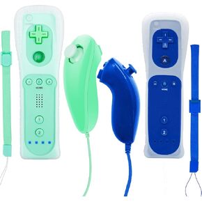 wii remote and Nunchuck 2 Pack Wii Remote Controller with Silicon Case for Wii and Wii U Aqua Green + Dark Blue
