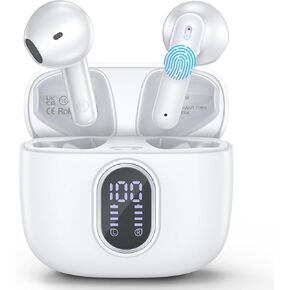 Wireless Earbuds Bluetooth 5.3 Headphones 42 Hrs Playtime with LED Display, Deep Bass Stereo and Noise Cancelling Bluetooth Ear Buds IPX7 Waterproof Wireless Ear Buds with Mic for iPhone Android White