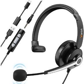 Wantek USB Headset with Microphone for PC, Computer Headset with Noise Cancelling Microphone with Mute in-line Control for Office Online Class Skype Zoom Meetings
